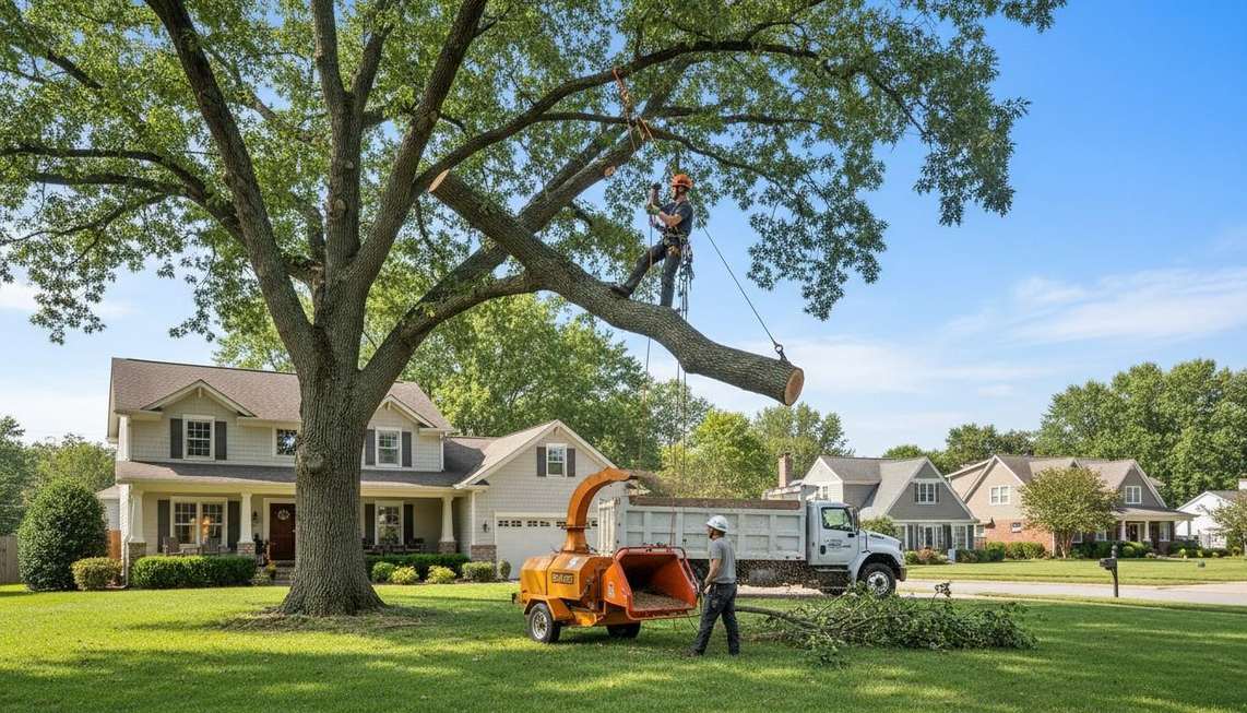 A crew removing a large tree from a Boise yard, rigged and chipped safely