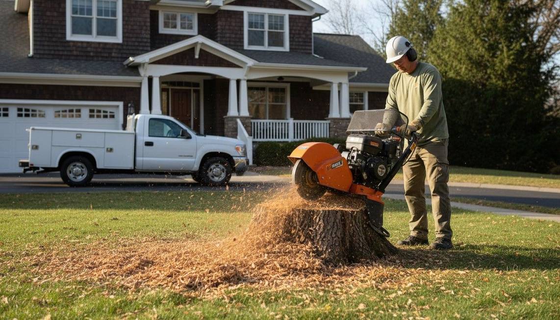 A stump grinder clearing an old tree stump in a Boise yard