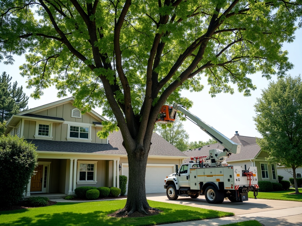 An arborist working a large tree from a bucket truck in a Boise residential yard