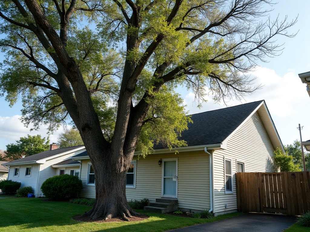 An overgrown leaning tree crowding a house before service